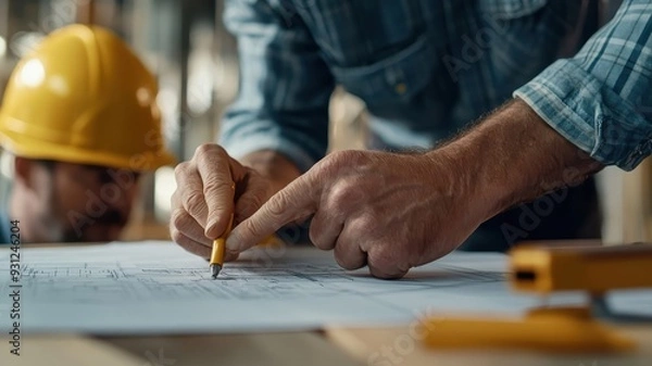 Fototapeta Close-up of hands pointing to blueprint detail during discussion.