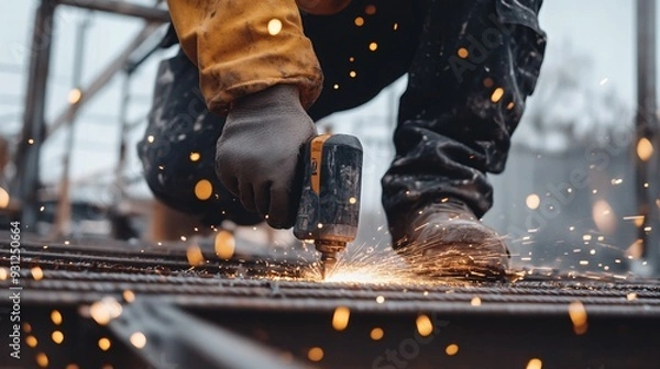 Fototapeta A close-up of a workers hands using a power tool to cut through metal beams at a construction site