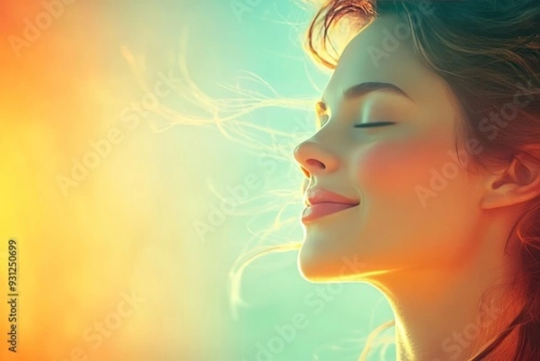 Fototapeta Radiant young woman in glowing yellow light capturing a moment of pure joy and enlightenment