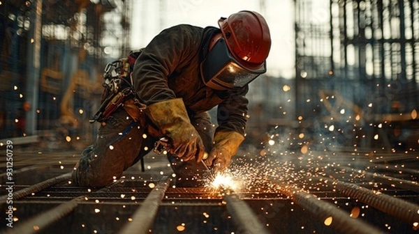 Fototapeta A welder working on steel framework at a construction site with sparks flying and safety gear in place