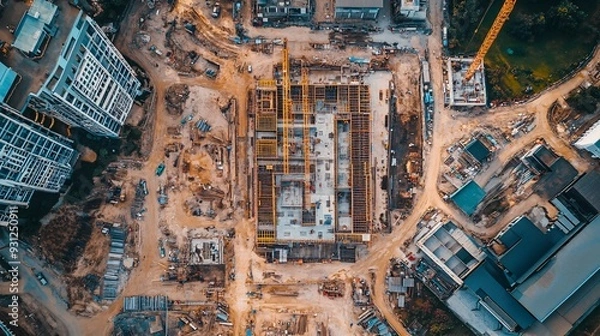 Fototapeta An aerial view of a construction site showing the grid layout of buildings and infrastructure being developed
