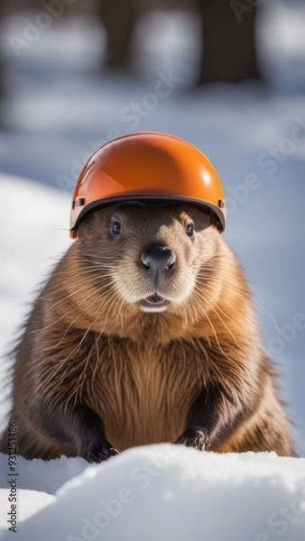 Obraz Groundhog in snowy landscape wearing an orange helmet on its head.