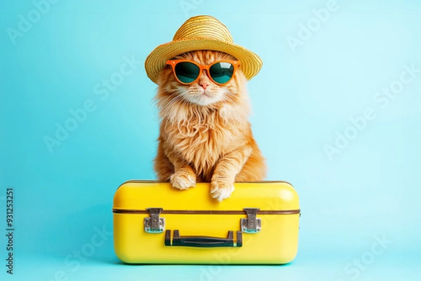 Fototapeta A cat wearing a summer hat resting its paws on a yellow suitcase against a blue background, symbolizing travel and vacation vibes.