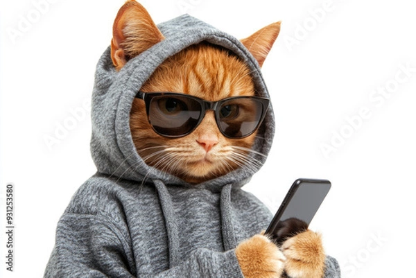 Fototapeta A humorous image of a cat dressed in a gray hoodie while holding a smartphone. Captures a modern-day, relatable and funny scenario.