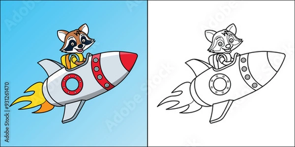 Fototapeta Cute raccoon riding a space rocket suitable for kids coloring page vector illustration
