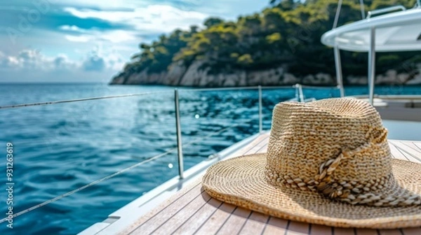 Obraz straw hat on the deck of an elegant yacht overlooking crystal-clear waters and lush green islands in the background, capturing the essence of a perfect summer day for adventure travel by sea