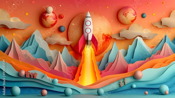 Fototapeta Rocket Encountering Cosmic Beings in Whimsical Paper Art Landscape