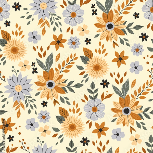 Fototapeta Delicate seamless pattern with autumn flowers. Vector graphics.