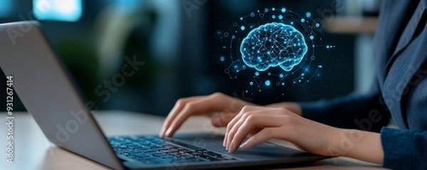 Fototapeta A business professional using AI technology on their laptop, with digital brain