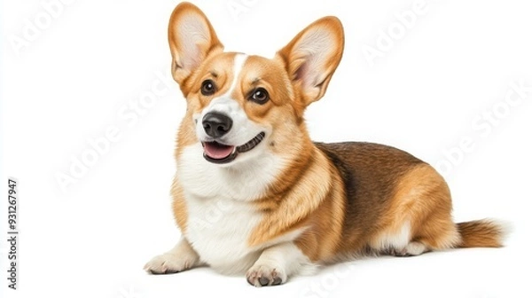 Fototapeta A happy, red and white Pembroke Welsh Corgi with a fluffy tail lays on a white background.