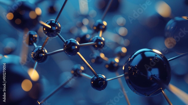 Fototapeta Close-up of molecular structure with connected blue and gold spheres in 3D rendering