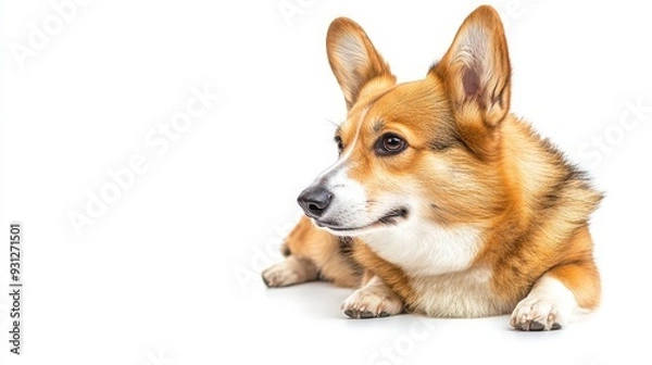 Fototapeta Close-up portrait of a brown and white dog lying on a white background, looking to the left.
