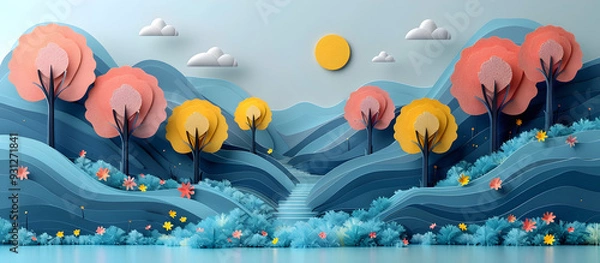 Fototapeta Serene Paper Forest Landscape with Winding Stream and Vibrant Pastel Colors