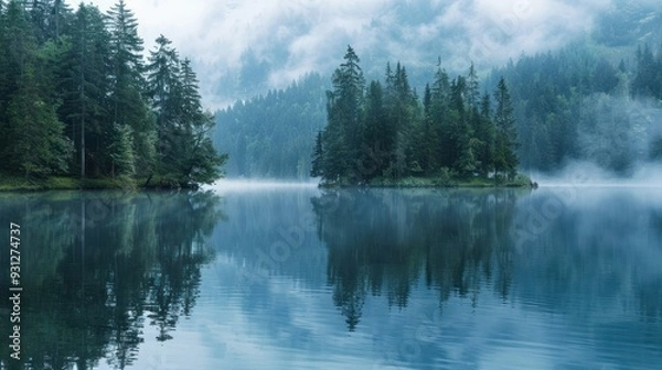 Fototapeta Misty Lake with Island of Trees