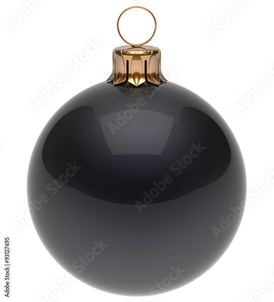 Obraz Christmas ball black New Year's Eve bauble wintertime decoration glossy sphere hanging adornment classic. Traditional winter ornament happy holidays Merry Xmas symbol blank round. 3d render isolated