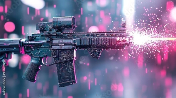Fototapeta Futuristic High-Tech Assault Rifle Firing Energy Beam in Urban Warfare Scene, Generative Ai
