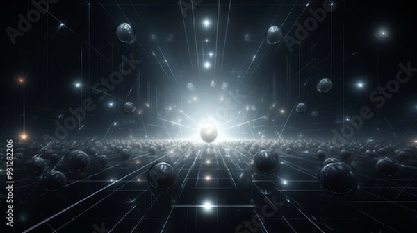Fototapeta An abstract representation of cosmic energy with luminous spheres radiating light, creating a dynamic and futuristic atmosphere.