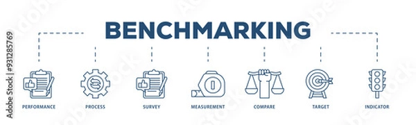 Fototapeta Benchmarking icons process structure web banner illustration of performance, process, survey, measurement, compare, target, and indicator icon png transparent background.