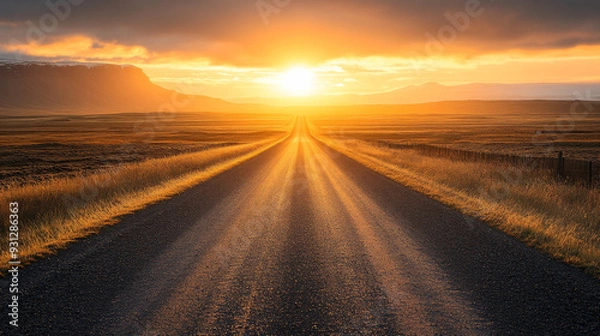 Fototapeta A lonely road stretches through the vast desert in Iceland, bathed in the warm glow of the setting sun. --ar 16:9 --v 6.1 Job ID: 68756255-e9f6-407f-8dc7-bab63a35f4fc