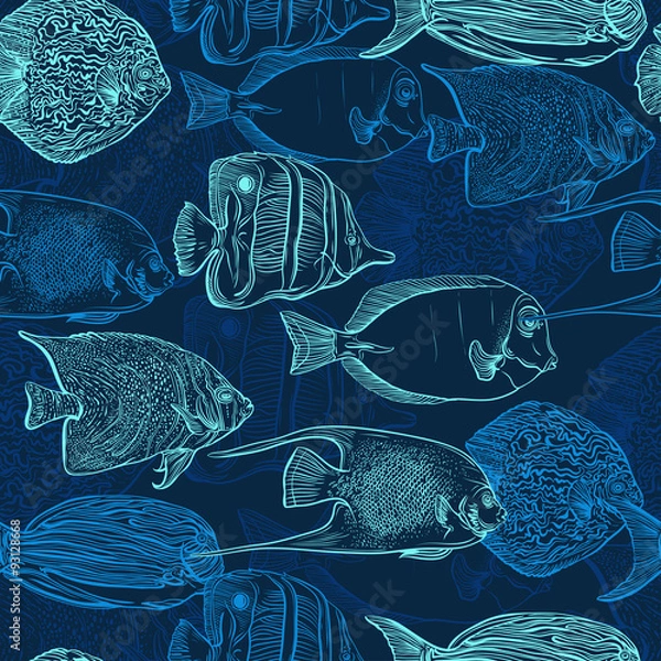 Fototapeta Seamless pattern with collection of tropical fish.Vintage set of hand drawn marine fauna.Vector illustration in line art style.Design for summer beach, decorations.