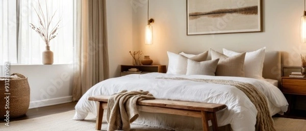 Fototapeta Serene modern bohemian bedroom featuring cozy bedding, wooden furniture, and natural decorative elements. Perfect for illustrating interior design and home comfort concepts.