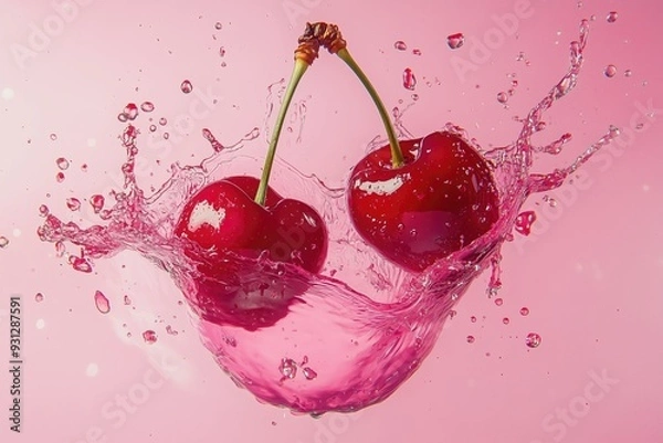 Fototapeta cherries splashing into water on pink background