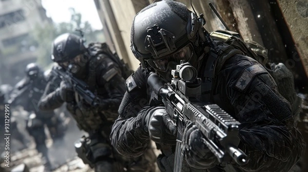 Fototapeta Elite Tactical Team Breaching Building in Intense Urban Warfare Operation, Generative Ai