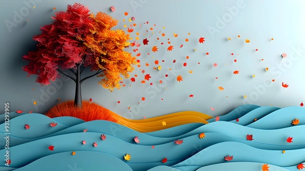 Fototapeta Vibrant Autumn Tree in Paper Art Style with Windblown Leaves and Pastel Landscape