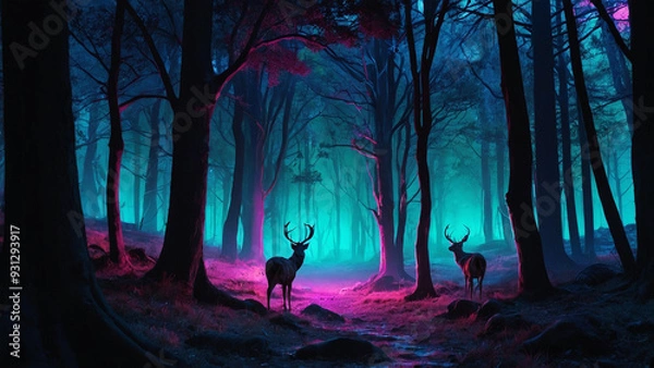Obraz AI-Generated Fantasy of an Old Deer in a Luminous Forest