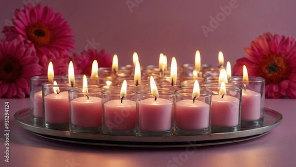 Obraz Fifteen Flameless Candles on a Pink Flower Background