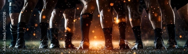 Fototapeta Dynamic feet in cleats poised for action under dramatic lighting on a sports field, embodying athleticism and teamwork in motion.