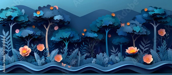 Fototapeta Whimsical Paper Cut Forest Landscape with Towering Trees and Lush Foliage in Pastel Tones