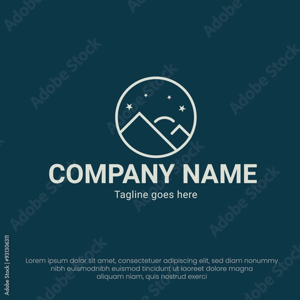 Obraz Mountain line art logo design with moon and stars minimalist style logo vector illustration