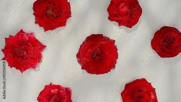Fototapeta Floating Red Roses in Water with Dew Drops