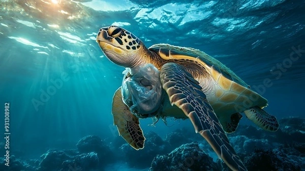 Fototapeta Underwater shot of sea turtle with plastic around neck, wide-angle lens, natural light, marine pollution