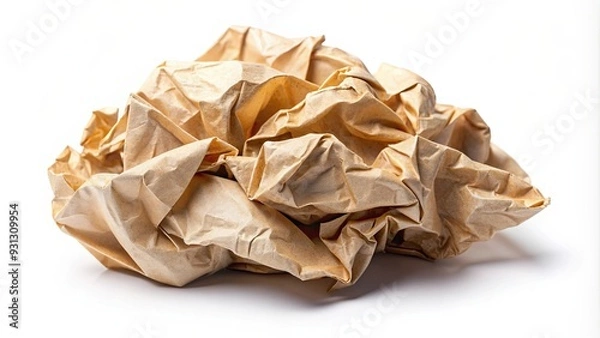 Fototapeta A close-up of a crumpled paper scrap on a white background, paper, scrap, crumpled, texture, white background, wrinkled