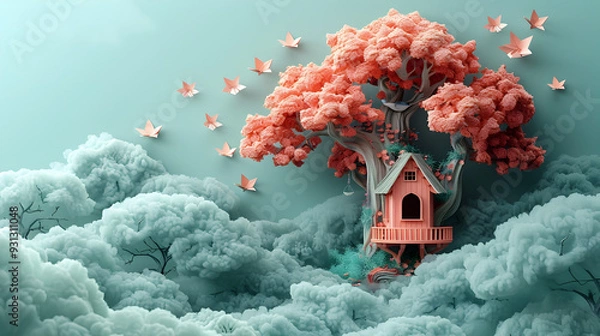 Obraz Whimsical Paper Treehouse Perched Amidst Towering Redwoods and Wispy Clouds