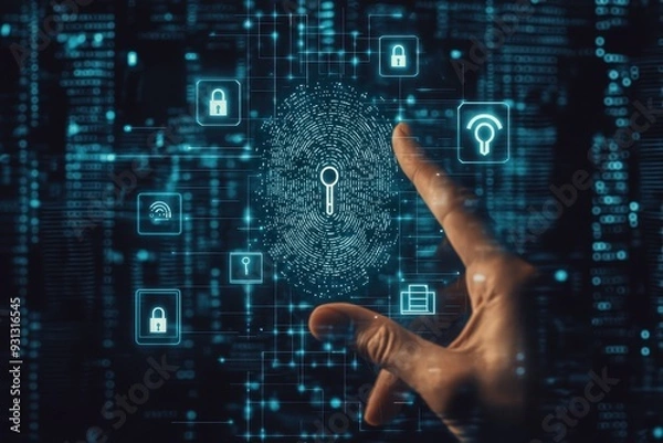 Fototapeta A hand is pointing to a keypad with a fingerprint on it, Concept of security and protection