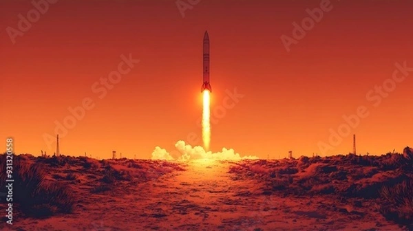 Obraz Blinking Rocket Launch in Vivid Orange Evening Sky,Anime-Inspired