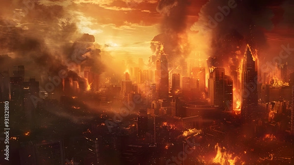 Fototapeta A city engulfed in flames and thick black smoke rises into the sky as buildings burn in a fiery apocalypse. The scene captures the chaos and devastation of a world in ruins.