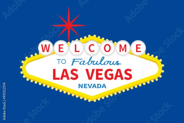 Fototapeta Welcome to Las Vegas sign icon. Red star. Nevada sight showplace. Classic retro symbol. Template for greeting card, banner, sticker print. Flat design. Isolated. Blue background. Vector illustration
