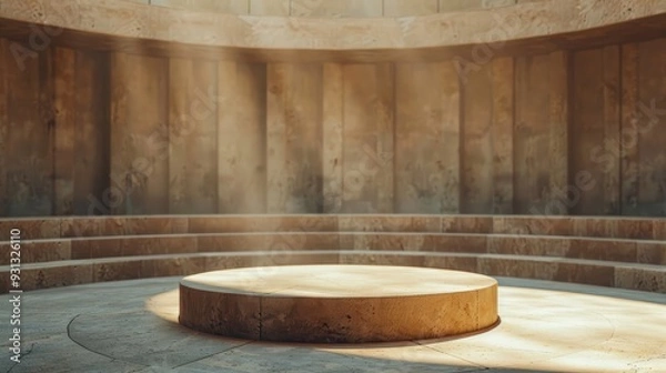 Fototapeta A serene, illuminated space featuring a circular platform surrounded by textured walls, ideal for presentations or performances.