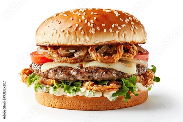 Fototapeta Crispy onion rings on a Mushroom Swiss burger