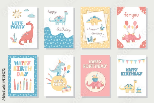 Fototapeta Collection of cute dinosaur cards. Happy Birthday cards and greetings. Hand drawn in pastel colors. Vector illustration.