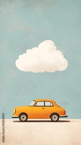 Fototapeta Yellow Car Under a Cloud: A whimsical, vintage car driving under a fluffy white cloud against a pale blue sky.  A retro illustration with a modern minimalist aesthetic. 