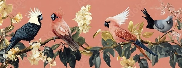 Fototapeta A vibrant painting of four parrots perched on a branch, surrounded by lush green leaves and delicate white flowers. The birds are a mix of colors, including black, white, pink, and grey.