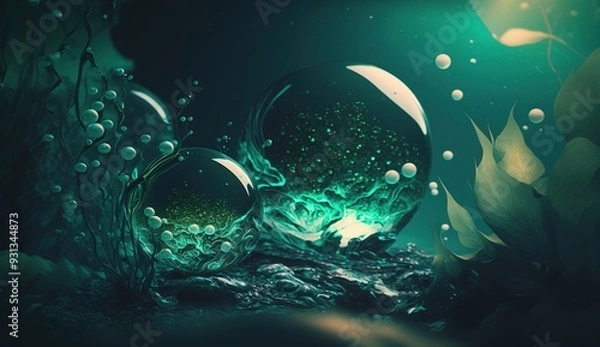 Fototapeta Abstract green plant-like formation with swirling textures created by fluid dynamics in a dark environment