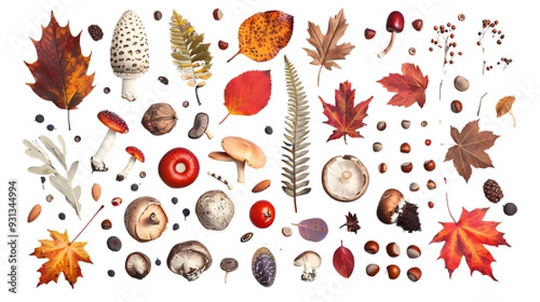 Fototapeta Collection of various autumn objects. Leaves, mushrooms, nuts, fruits etc, isolated on white background