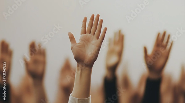Fototapeta Hands Raised in Prayer: A Symbol of Praise and Worship. The image captures the moment of reverent prayer with hands uplifted, conveying a deep sense of spirituality and devotion