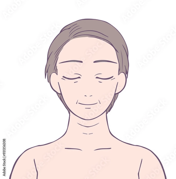 Fototapeta 目を閉じて微笑むミドル女性の上半身、ビューティーイラスト